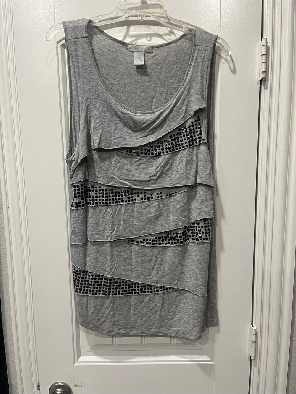 Design History Gray Layered Ruffle Tank with Studded Mesh Stripes